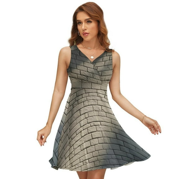 White Brick Wall, Brick Stone Wall Women's Tank Dress V Neck Sleeveless Summer Sundress
