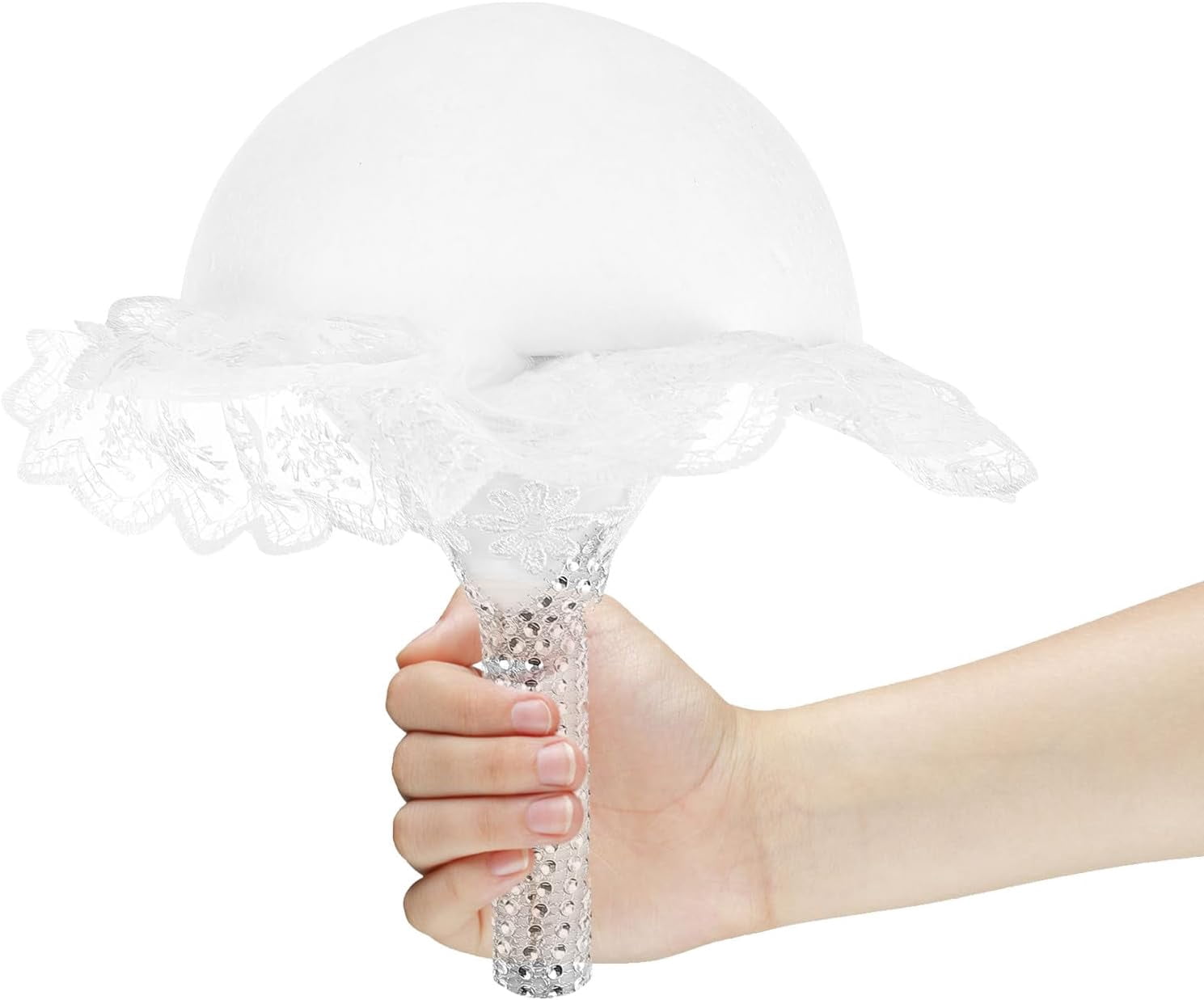 White Bridal Bouquet Holder with Lace Foam Floral Handle for Wedding DIY Flower Arrangement and Special Occasions 9x9x8 In