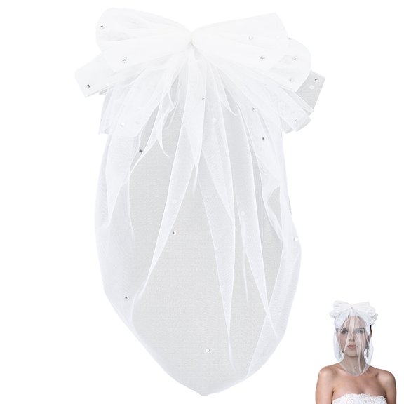 White Bridal Veils Glitter Rhinestones Bowknot Face Covering Sheer Tulle Fabric with Metal Clips Vintage Polyester Shiny Bows VeilDIY