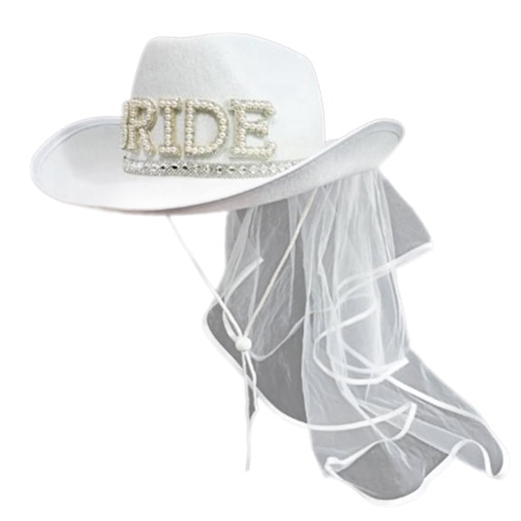 White Bride Cowgirl Hat with Veil Shinning Rhinestone Bride Letter Wedding Decor