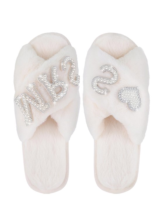 White Bride Slippers, Mrs. Pearl Letter Fuzzy, Open Toe Slippers for Wedding Bridal Shower Party Gift, EU Size 38-39