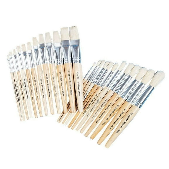 White Bristle School Brushes - Round and Flat (Set of 24)