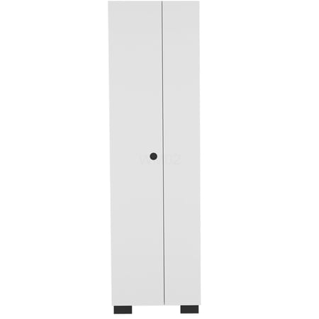 White Broom Cabinet with Double Doors for Garage Storage, Slim Utility Closet Organizer with Shelves and Hanger