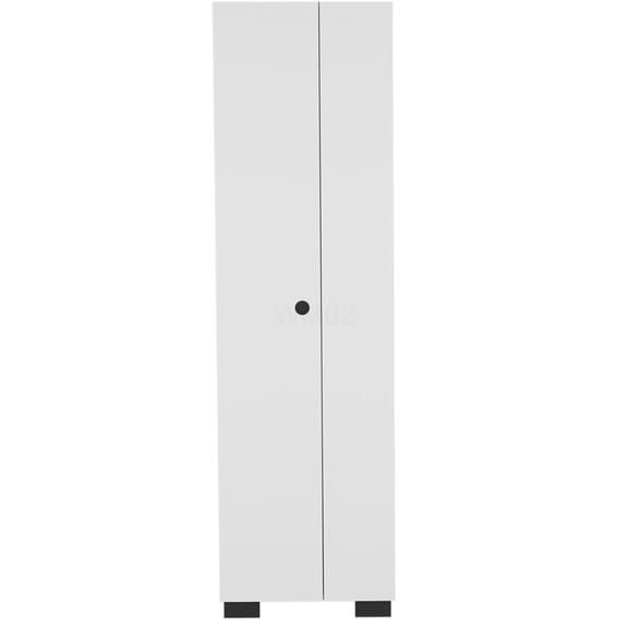 White Broom Cabinet with Double Doors for Garage Storage, Slim Utility Closet Organizer with Shelves and Hanger