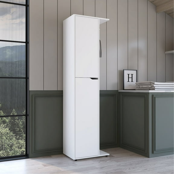 White Broom Closet Storage - Mop, Broom, Vacuum Organizer Extra Shelves For Cleaning Accessories Particle Board Modern Cabinet 20.21 In. Width X 72.12 Height 13.9 Depth Closet, Tidy Your Tools