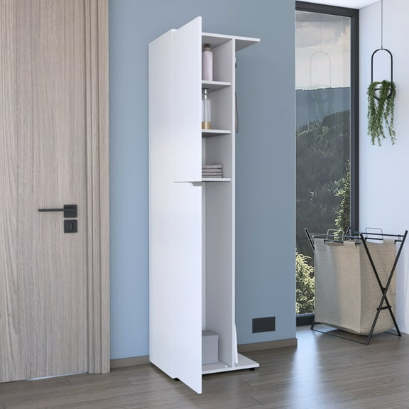 White Broom Storage Cabinet, 71.3" Tall, 4 Shelves, & Mop Holder, High Chipboard Glazed Closet, For Long Lasting Use