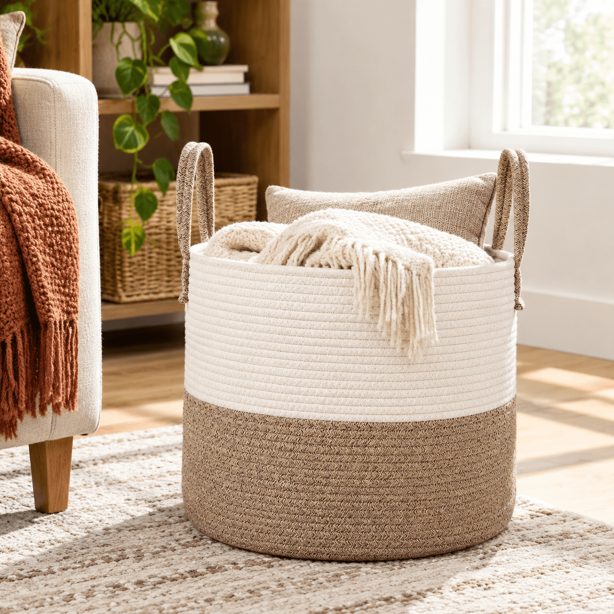 White&Brown 115L Extra Large Cotton Rope Blanket Storage Basket ...