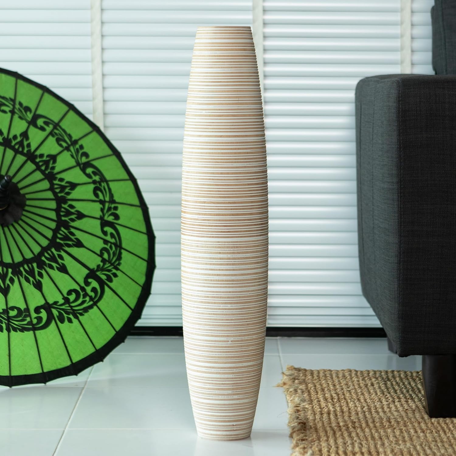 White & Brown 28 Inches Mango Wood Floor Vase, Elegant Tall Floor Vase ...