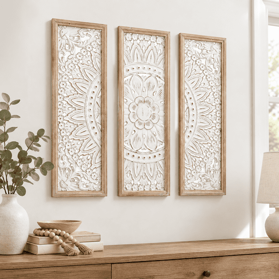 White&Brown 3-Piece Carved Wood Boho Farmhouse Wall Sculpture Set