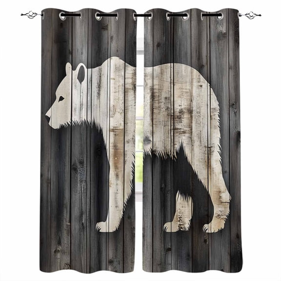 White Brown Bear Blackout Curtains for Bedroom Living Room Darkening Curtains 84 Inch Length 2 Panels Set Vintage Farmhouse Country Rustic Wood Grain Window Curtain Window Treatment Drapes 52"x84"