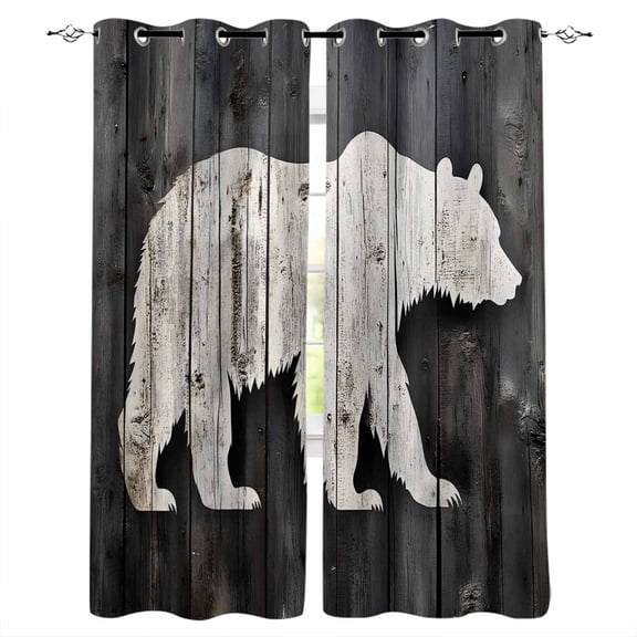 White Brown Bear Blackout Curtains for Bedroom/Living Room, Thermal Insulated Kitchen Curtains, Farmhouse Country Rustic Wooden Grain Grommet Darkening Window Treatment Drapes 52"x72"x2