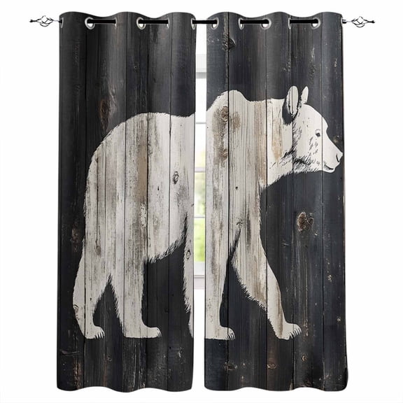 White Brown Bear Blackout Curtains for Bedroom/Living Room, Thermal Insulated Kitchen Curtains, Rustic Country Retro Wood Grain Grommet Darkening Window Treatment Drapes 52"x84"x2