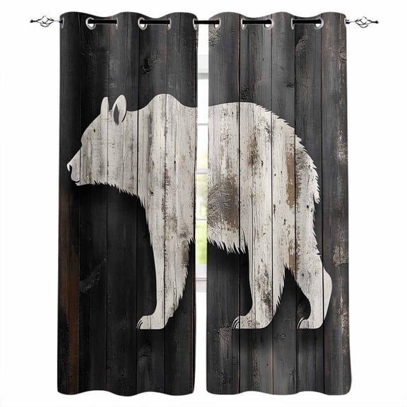 White Brown Bear Blackout Curtains for Bedroom/Living Room, Thermal Insulated Kitchen Curtains, Vintage Country Rustic Wooden Grain Grommet Darkening Window Treatment Drapes 42"x84"x2
