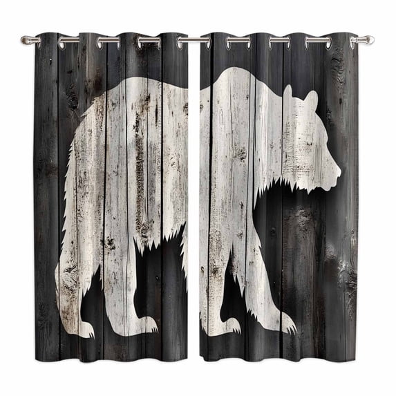 White Brown Bear Kitchen Curtains 84 Inch Length, Farmhouse Country Rustic Wooden Grain Grommet Top Bedroom Living Room Curtains, Light Filtering Cafe Curtain Drapes 2 Panels Set 104''x84''