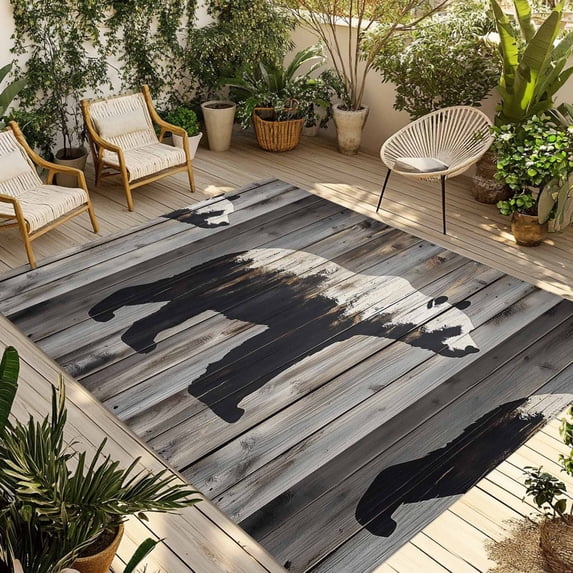 White Brown Bear Outdoor Rug 5x7 Ft - Reversible Patio Rug Outdoor Camping Rugs, Retro Farmhouse Country Rustic Wood Grain Indoor Outdoor Area Rugs, Non-Slip Outdoor Carpet Runner for Deck/Porch