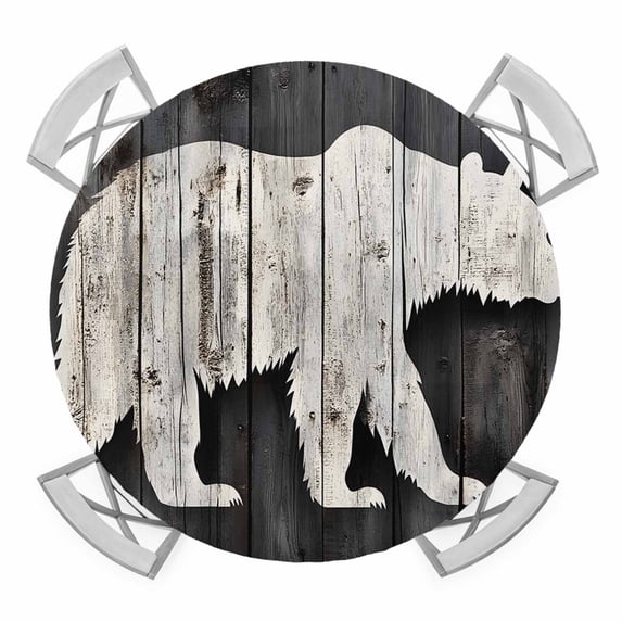 White Brown Bear Round Tablecloth for 55-60 Inch Tables,Fitted Table Cover with Elastic Edge,Farmhouse Country Rustic Wooden Grain Waterproof Outdoor Table Cloth Protector for Patio Garden Dinner