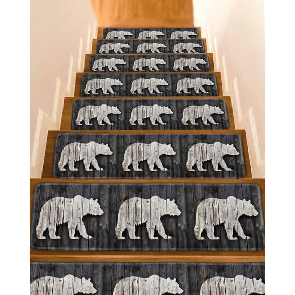 White Brown Bear Stair Treads for Wooden Steps Indoor Runner Rug Carpet, Farmhouse Country Rustic Wooden Grain 7 Pieces Peel and Stick Staircase Step Treads Covers Washable Throw Door Mats, 30"x8"