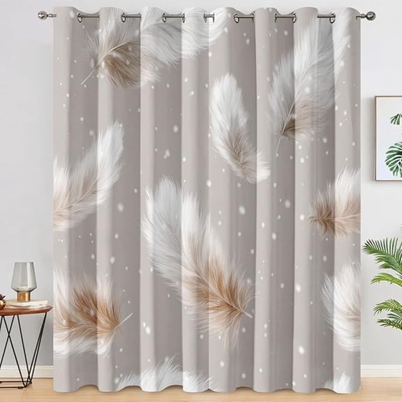 White Brown Feather Curtains for Living Room, Thermal Insulated Aesthetic Feather Blackout Curtains, Grommet Drapes Window, Modern Bedroom Decor 26"W x 45"L (Pack of 2)