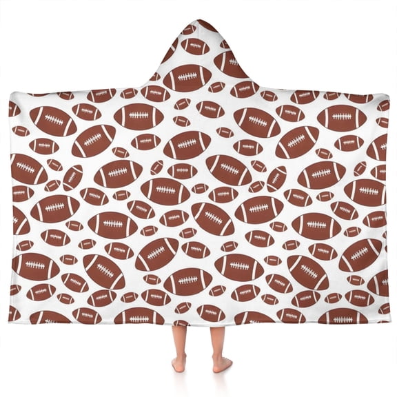 White Brown Footballs Pattern Hooded Bath Towel,50"x30" for Ages 3 To 12 Kids, Quick Dry Lightweight Soft Microfiber Hood Beach Towel Cover Up for Kids