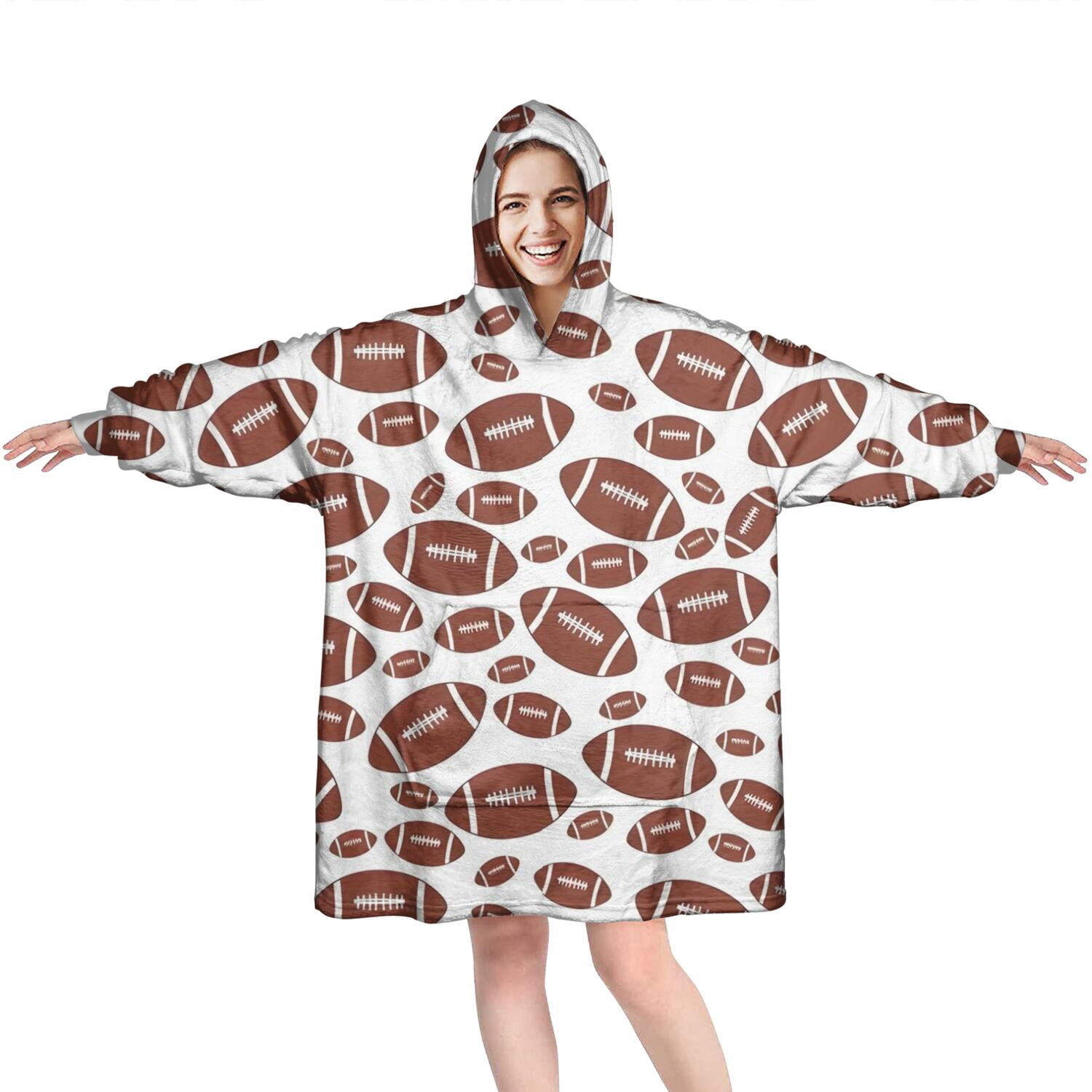 White Brown Footballs Pattern Wearable Oversized Blanket,Wearable Blanket Hoodie for Adults,Cozy Hooded Blankets with Super Pockets,Super Warm Fuzzy Pullover for Women & Men