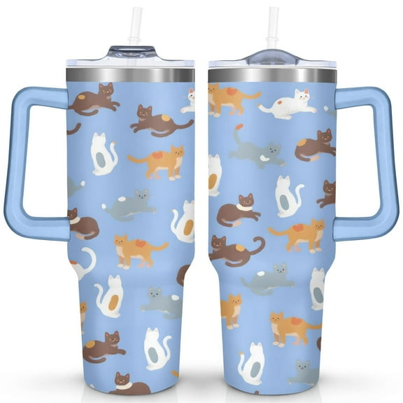 White, Brown and Orange Kittens 40 Oz Tumbler with Handle Lid and Straw, Stainless Steel Double Walled Vacuum Insulated Cup, Cute Birthday Gifts Tumbler for Women Men Friends