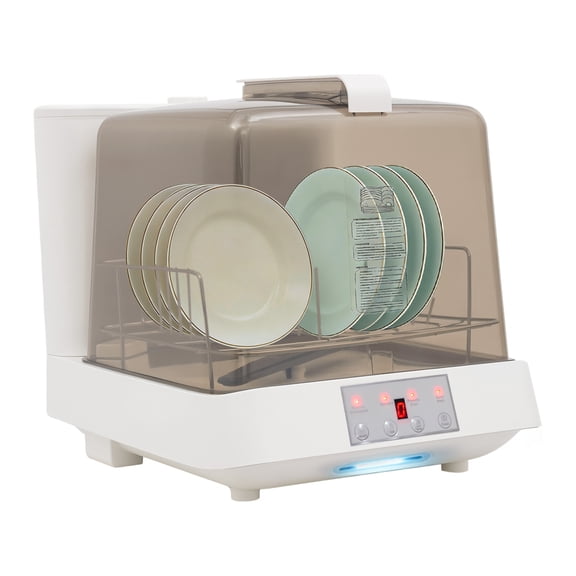 White & Brown Portable Countertop Dishwasher, 4-5 Place Settings Automatic Dish Washer with Transparent Lid, Built-in 6L Water Tank Mini Washing Machine for Apartment Dorm RV Small Space Use