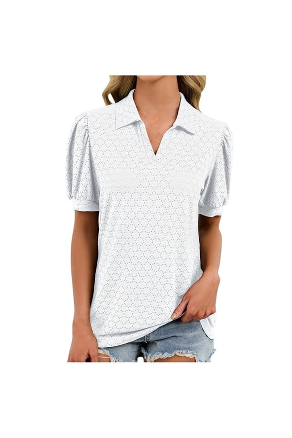 White Brunch T Shirts for Women Summer Fall Short Sleeve Collared Turtle Neck Spandex Keyhole Plain Tops T shirt Ladies 2026 Clothes Trendy Country Concert Y2K L