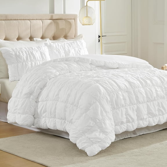 White Bubble Comforter Set Queen Size, 3 Pieces Ultra Soft Cozy Bedding Set for All Seasons, Farmhouse Luxury Gift for Women Home Decor