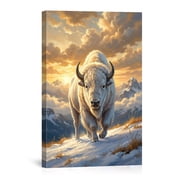 White Buffalo Bison On Snowy Mountain Sunset Wildlife Nature For Bedroom Living Room Canvas