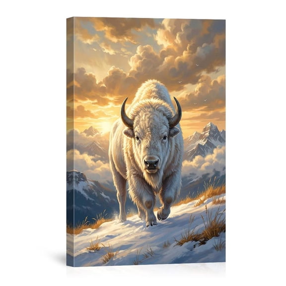 White Buffalo Bison On Snowy Mountain Sunset Wildlife Nature For Bedroom Living Room Canvas