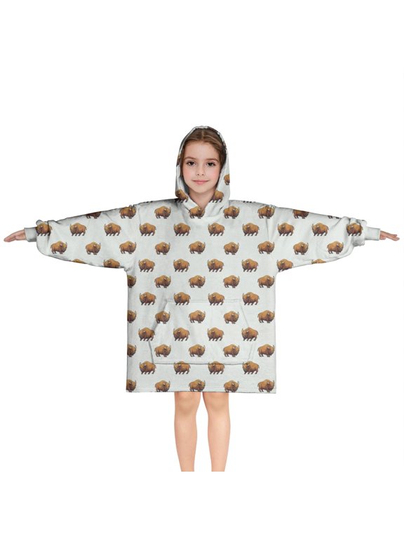 White Buffalo Pattern Blanket Hoodies for Kids 6-13YR Oversize Wearable Blanket Hoodies for Boys Girls Teens