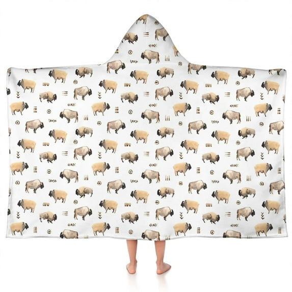 White Buffalo Pattern Hooded Bath Towel,50"x30" for Ages 3 To 12 Kids, Quick Dry Lightweight Soft Microfiber Hood Beach Towel Cover Up for Kids