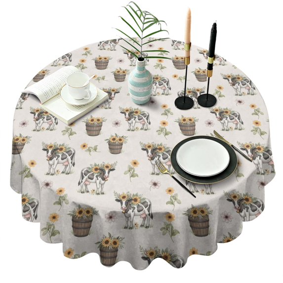 White Buffalo Pattern Round Tablecloth 60"x60",Wrinkle Wipeable Table Cloth for Kitchen Dining Room Picnic Patio Party
