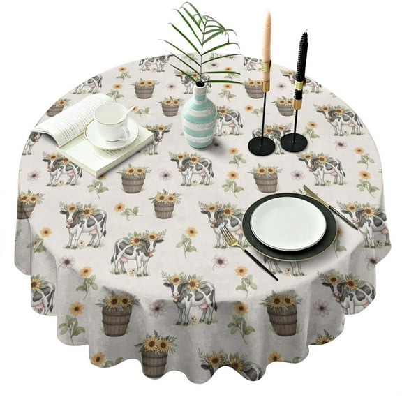 White Buffalo Pattern Round Tablecloth 60"x60",Wrinkle Wipeable Table Cloth for Kitchen Dining Room Picnic Patio Party