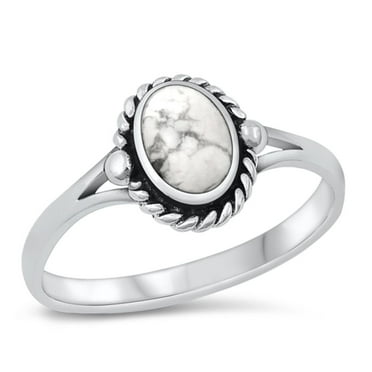 White Buffalo Simulated Turquoise Ring .925 Sterling Silver Band Blue CZ Jewelry Female Size 9