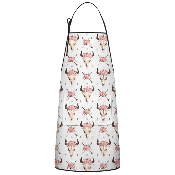 White Buffalo Skull Flower Arrow Pattern Apron-Garden Aprons for Women with Pockets-Cotton Linen Waterproof Kitchen Cooking Gardening Aprons Adjustable for Kitchen,Cooking,BBQ and Salon 33x27 Inch