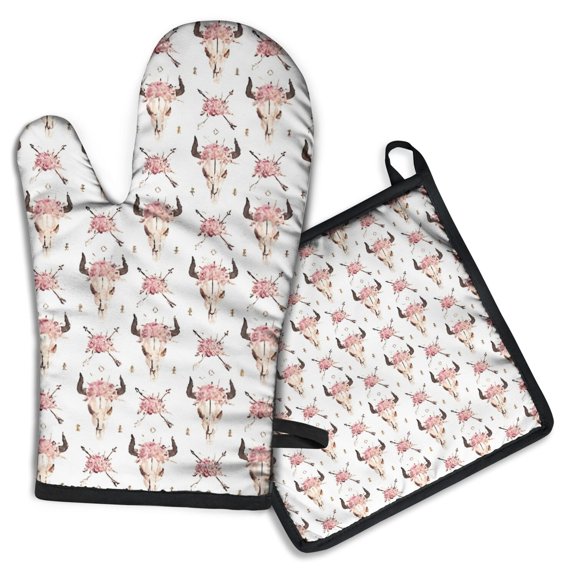 White Buffalo Skull Flower Arrow Pattern Kitchen Oven Mitt and Pot Holder Sets 2 Pcs for Baking, Cooking and Grilling, Heat Resistant Up To 392 °F