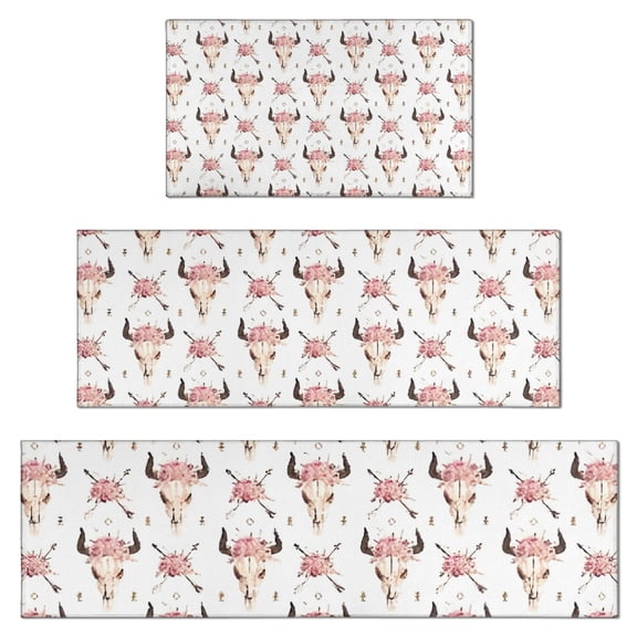 White Buffalo Skull Flower Arrow Pattern Kitchen Rugs Sets Of 3,Kitchen Runner Rugs Non Skid Washable,Decorative Kitchen Floor Mats for Kitchen,Sink,Laundry,17"x30"+ 17"x47" + 17"x59"