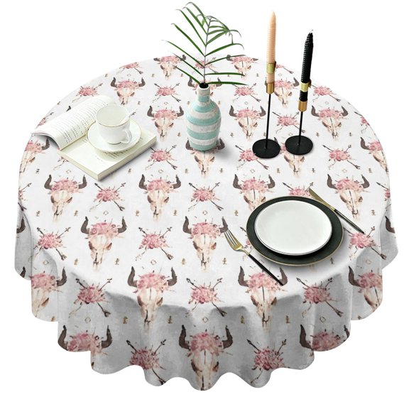 White Buffalo Skull Flower Arrow Pattern Round Tablecloth 60"x60",Wrinkle Wipeable Table Cloth for Kitchen Dining Room Picnic Patio Party