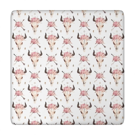 White Buffalo Skull Flower Arrow Pattern Square Fitted Tablecloth with Elastic Edge,Square Table Cover,Washable Elastic Table Cover for Home Kitchen Party Decor 34"x34"