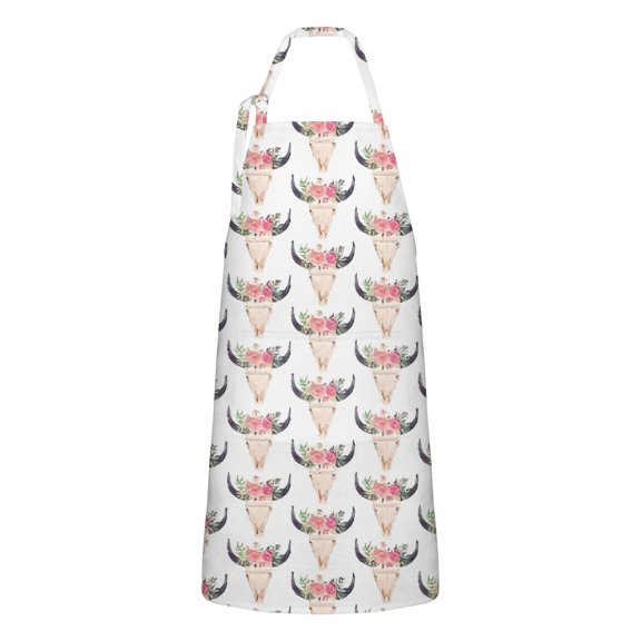 White Buffalo Skull Flower Pattern Apron-Garden Aprons for Women with Pockets-Cotton Linen Waterproof Kitchen Cooking Gardening Aprons Adjustable for Kitchen,Cooking,BBQ and Salon 33x27 Inch