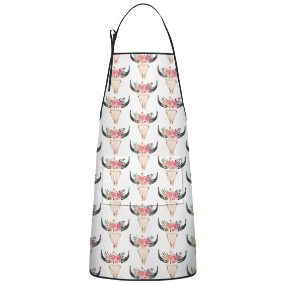 White Buffalo Skull Flower Pattern Apron-Garden Aprons for Women with Pockets-Cotton Linen Waterproof Kitchen Cooking Gardening Aprons Adjustable for Kitchen,Cooking,BBQ and Salon 33x27 Inch
