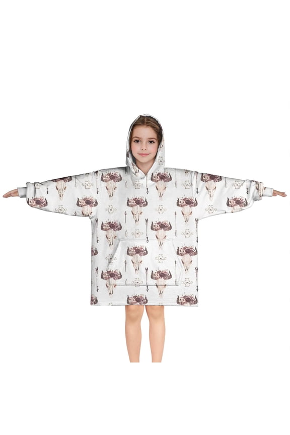 White Buffalo Skull Flower Pattern Blanket Hoodies for Kids 6-13YR Oversize Wearable Blanket Hoodies for Boys Girls Teens