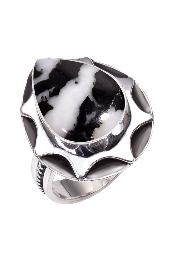 White Buffalo Turquoise - Nevada 925 Sterling Silver Ring, 18X13 mm Pear Gemstone Ring, Black & White Ring, Christmas Gift, Unique Jewelry Ring, Adjus