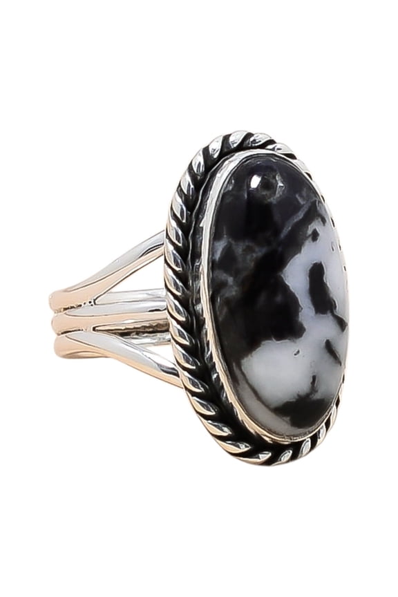 White Buffalo Turquoise - Nevada 925 Sterling Silver Ring, 20X10 mm Oval Gemstone Ring, Black & White Ring, Christmas Gift, Unique Jewelry Ring, Adjus