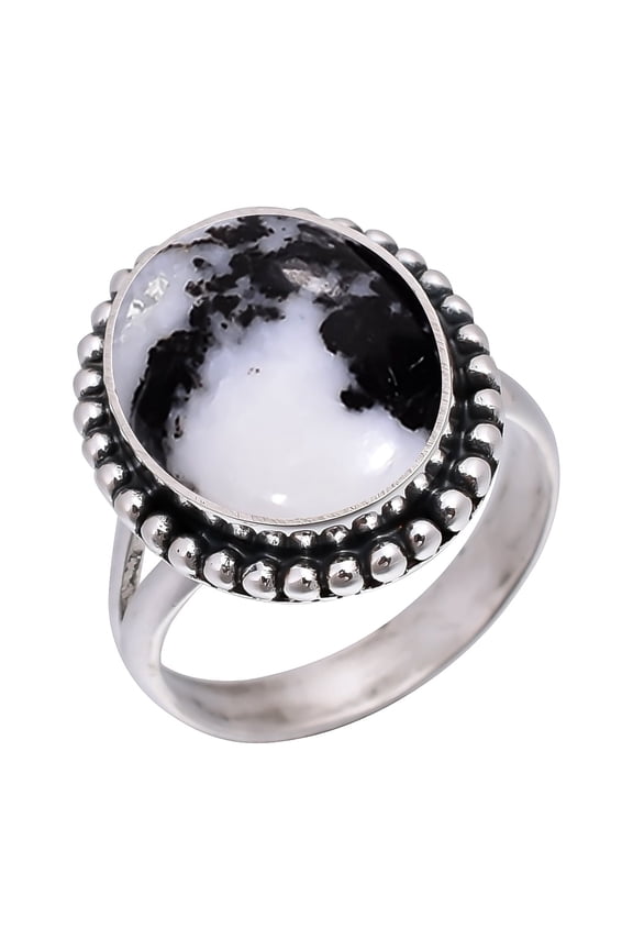 White Buffalo Turquoise - Nevada 925 Sterling Silver Ring V12050, White Buffalo Turquoise Ring, Gemstone Ring, Handmade Ring, Black & White Ring, Oval