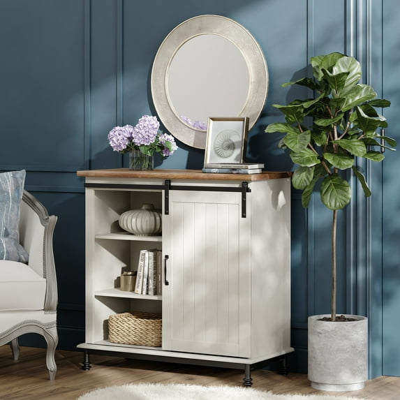 White Buffet Cabinet with Sliding Barn Door, Accent Storage Cabinet with Metal Legs for Dining Room
