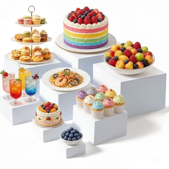 8Pcs Buffet Risers And Stand, Large Dessert Table Display (10" to 3") for Buffet Table, White Acrylic Nesting Boxes Food Risers with Hollow Bottom for Party, Catering, Jewelry Collectibles