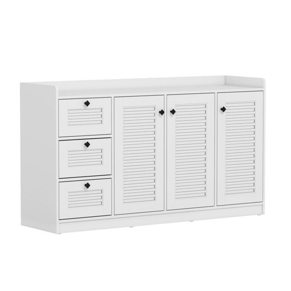 White Buffet Sideboard Cabinet, 3 Drawers & 3 Shutter Doors, Kitchen Storage, Dining Room Organizer, 63 Inch