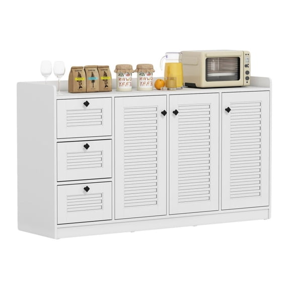 White Buffet Sideboard Cabinet, 3 Drawers & 3 Shutter Doors, Kitchen Storage